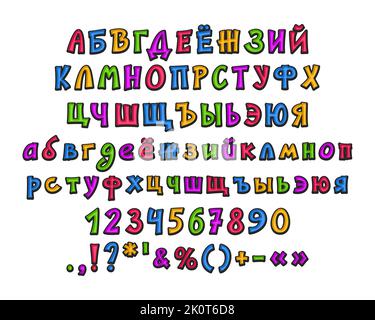 Bunte Cartoon russische kyrillische Alphabet Buchstaben und Zahlen auf weißem Hintergrund isoliert. Lustige Schriftart für Kinder Bildung, Kreativität, Produktlogo, Stock Vektor