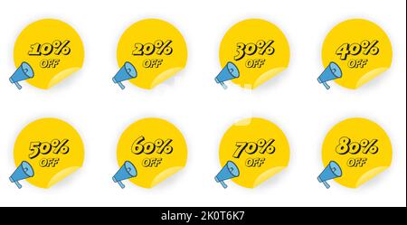Rabatt auf Tag 10, 20, 30, 40, 50, 60, 70, 80 Prozent. Set Verkauf Angebot Emblem, Abzeichen Preis Rabatt-Nummer mit Megaphon. Flacher Angebotsstempel, sti Stock Vektor