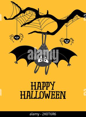 Happy Halloween - niedliche aufgehängte Fledermaus, Halloween-Overlays, Schriftzug-Labels-Design. Retro-Emblem. Handgezeichnetes isoliertes Emblem mit Zitat. Halloween Party s Stock Vektor