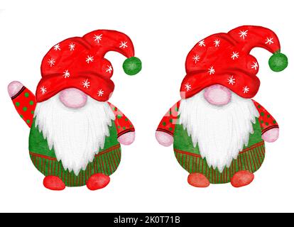 Aquarell handgezeichnete nordisch-skandinavische Gnome für weihnachtsdekor-Baum. Neujahr Illustration in grün rot Cartoon-Stil. Lustige Winterfigur nordschwedischen Elfen in Hut Bart. Grußkartenmaterial Stockfoto