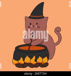 Katze in einem Hexenhut Braut eine Trank-Illustration Stock Vektor