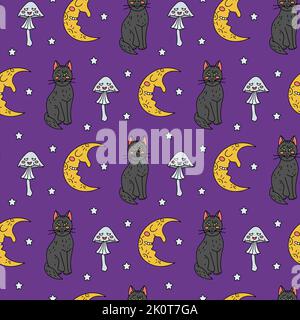 Halloween nahtlose Muster mit niedlichen Cartoon-Katzen, Halbmonde und giftigen Pilzen auf lila Hintergrund Stock Vektor