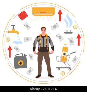 Vektorgrafik der Mensch ist aufgebracht. Steigende Preise. Hohe Preise für natürliche Ressourcen. Verbindlichkeiten von Energieversorgungsunternehmen. Einsparung von Haushaltsbudget. Höhere Kosten. Geld. Gestresst Stock Vektor