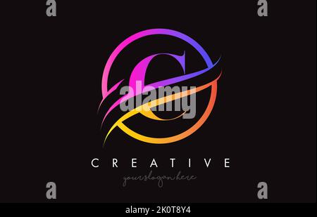 Buchstabe C-Logo mit kreativer Lila-Orange-Farben und Kreis-Swoosh-Cut-Design-Vektor. Farbenfrohe Serif-Buchstaben C kreisförmiges Design-Symbol Illustration. Stock Vektor