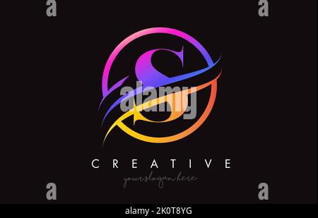 Buchstabe S-Logo mit kreativer Lila-Orange-Farben und Kreis-Swoosh-Schnitt-Vektor. Farbenfrohe Serif-Buchstaben S kreisförmiges Design-Symbol-Illustration. Stock Vektor