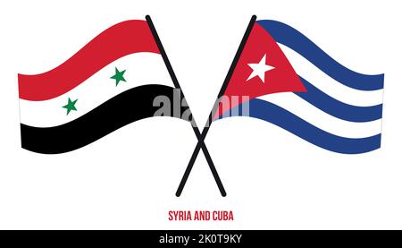 Syrien und Kuba Flaggen gekreuzt und winkend Flat Style. Offizieller Anteil. Korrigieren Sie Die Farben. Stock Vektor