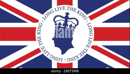 London, Großbritannien - September 2022: Seitenprofil-Silhouette von König Charles III vor einem Hintergrund von Union Jack Stock Vektor