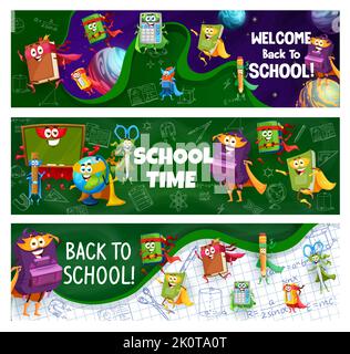 Cartoon Schule Bildung Superhelden Charaktere. Zurück zur Schule Banner, Vektor horizontalen Hintergrund. Buch, Lehrbuch, Spitzer und Rechner, Radierer, Copybook und Bleistift Fall Helden niedlichen Persönlichkeiten Stock Vektor