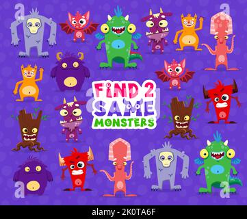 Finden Sie zwei gleiche Cartoon-Monster-Charaktere. Das gleiche Bild finden Quiz, Kinder Spiel Vektor Arbeitsblatt mit niedlichen Fantasy-Drachen, wütenden Teufel, flauschige Tier und lustige Fledermaus, Tintenfisch, böse stumpf Monster Persönlichkeiten Stock Vektor