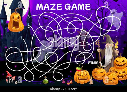 Labyrinth. Hilf dem Zauberer, eine Halloween-Kürbis-Laterne zu finden. Kind Labyrinth Puzzle oder Labyrinth Rätsel Vektor Arbeitsblatt mit Halloween Jack o Laterne, Zauberer Charakter und Dracula Vampir Burg Stock Vektor