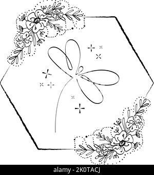 Handgezeichnete stilisierte Libelle mit Blumen. Logo. Boho-Stil. Einzeilige Zeichnung. Die Fliege. Insekt. Geeignet für Poster, Aufkleber und Postkarten Stock Vektor