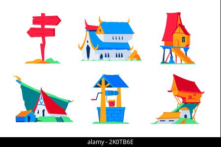 Dorfarchitektur und Gebäude - flaches Design-Objekt-Set Stock Vektor
