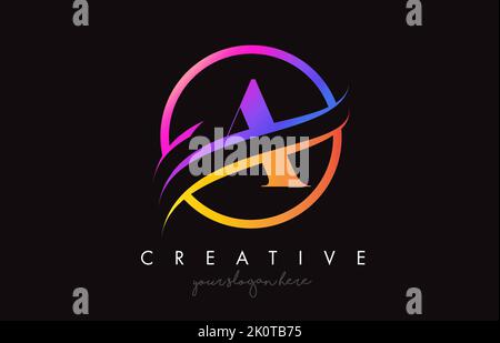 Schreiben Sie ein Logo mit kreativem Lila Orange Farben und Kreis Swoosh Schnitt Design Vektor. Bunte Serif Buchstabe Kreisförmiges Design Icon Illustration. Stock Vektor