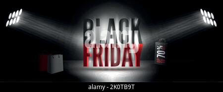 Black friday 70 Prozent Verkauf Vektor-Banner-Vorlage. Transparente Spotlight-Strahlen erhellen 3D Einkaufstaschen mit Werbung für jährliche Rabatte. Stilvoller saisonaler Verkauf, breites Poster-Design für Shopping-Events Stock Vektor