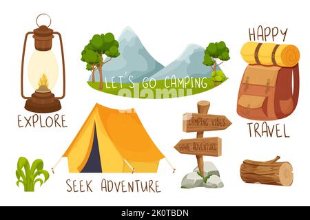 Set Camping Reise, Waldzelt Ausrüstung Aufkleber mit Text in Cartoon-Stil isoliert auf weißem Hintergrund. Aktivität, Outdoor tragbares Haus. Vektorgrafik Stock Vektor