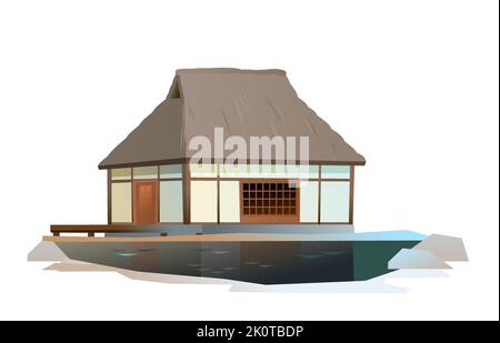 Traditionelles japanisches Haus. Am Ufer des Teiches. Ländliche Wohnung mit Strohdach. Illustration Vektor. Stock Vektor
