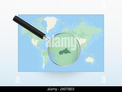 Karte der Welt mit einer Lupe für die Zentralafrikanische Republik, Suche in der Zentralafrikanischen Republik mit Lupe. Vektorkarte. Stock Vektor