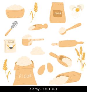Backzutaten im Cartoon-Flat-Stil. Beutel mit Mehl, Eiern, Küchenbesen, Nudelholz, Weizenohrspikelett. Vektorgrafik Set für Gebäck Stock Vektor
