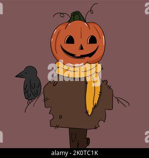 Helloween Kürbis Vogelscheuche halten Krähe Illustration Vektor Stock Vektor