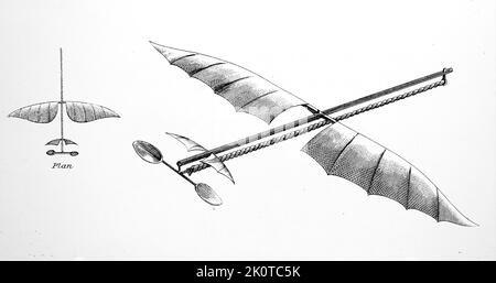 Mechanischer Vogel oder Ornithopter, angetrieben von verdrehten Gummibändern, von Alphonse Pénaud (1850 – 1880), einem französischen Pionier des Luftfahrts- und Flugzeugbaus aus dem 19.. Jahrhundert. Pénaud wird auf diesem Modell Ende 1871 in den hâve Begin vork umportiert Stockfoto