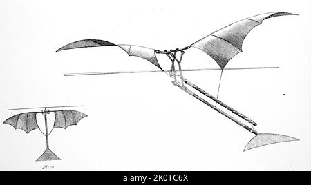 Mechanischer Vogel oder Ornithopter, angetrieben von verdrehten Gummibändern, von Alphonse Pénaud (1850 – 1880), einem französischen Pionier des Luftfahrts- und Flugzeugbaus aus dem 19.. Jahrhundert. Pénaud wird auf diesem Modell Ende 1871 in den hâve Begin vork umportiert Stockfoto
