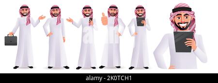 Saudi arabian man Vektor Charakter Set Design. Arabische männliche Charaktere mit Standing, Holding und Daumen nach oben Pose und Gesten für Business-Charaktere. Stock Vektor