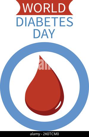 Welt Diabetes Tag Bewusstsein Poster Bluttropfen Symbol mit blauen Kreis Ring Rahmen Logo Abzeichen Design auf Weltkarte Hintergrund Vektor Illustration Stock Vektor