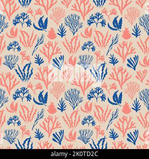 Nahtloses Muster mit Meerespflanzen, Blättern und Seetang. Handgezeichnete Meeresflora. Vektordarstellung. Oberflächenkonstruktion. Stock Vektor