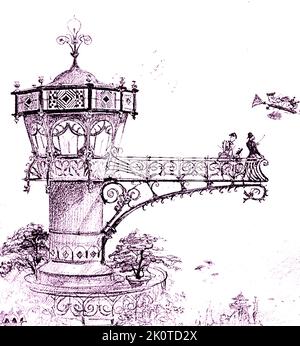 Futuristische Zeichnung, die eine Landeplattform des Hotels zeigt, auf der man an Bord eines Lufttaxis gehen kann. Von Robida, Le Vingtieme Siecle, Paris 1883; Stockfoto