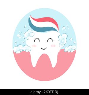 Niedliche glückliche Zahn mit Zahnpasta in Cartoon-Flat-Stil. Vektordarstellung von sauberen gesunden Zähnen Charakter, Zahnpflegekonzept, Mundhygiene Stock Vektor