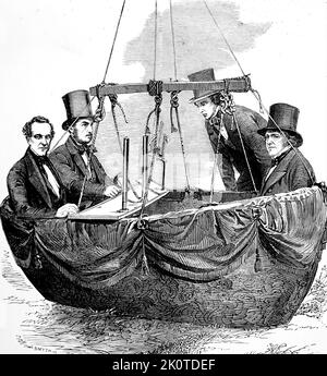 Die wissenschaftliche Ballonbesteigung wird unter der Schirmherrschaft der British Association for the Advancement of Science von den Vauxhall Gardens in London aus durchgeführt. Die Männer auf dem Bild sind von links nach rechts, Herr Nicklin und Herr Welsh vom Kew Meteorological , Observatory, Herr Adie und Herr Green. August 1852 Stockfoto