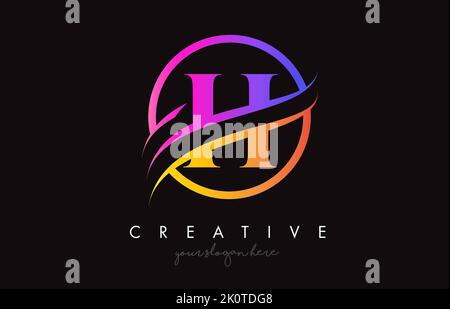 H-Logo mit kreativer Lila-Orange-Farbe und Kreis-Swoosh-Schnitt-Vektor. Bunte Serif Buchstabe H kreisförmiges Design Icon Illustration. Stock Vektor