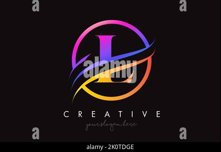 L-Logo mit kreativer Lila-Orange-Farbe und Kreis-Swoosh-Schnitt-Vektor. Farbenfrohe Serif-Buchstaben L kreisförmiges Design-Symbol-Illustration. Stock Vektor
