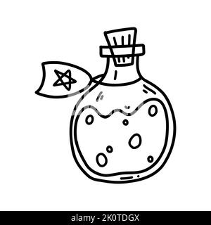 Handgezeichnete Doodle-Flasche mit Trank. Halloween Cartoon-Element, Vektor-Skizze Illustration, Linie Kunst für Web-Design, Symbol, Druck, Malvorlagen Stock Vektor