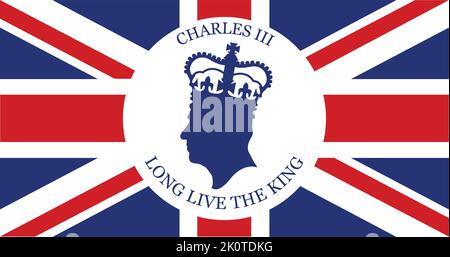 London, Großbritannien - September 2022: Seitenprofil-Silhouette von König Charles III vor einem Hintergrund von Union Jack Stock Vektor