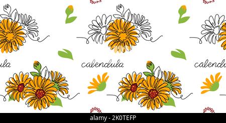 Calendula, Ringelblumen-Vektor-Muster, Hintergrund für Etikettendesign. Eine kontinuierliche Linie Art Zeichnung Calendula Muster Stock Vektor