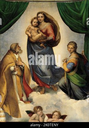 Die sechstinische Madonna von Rafaello Sanzio da Urbino, auch Rafael da Urbino, Rafaello Santi, Rafaello Sanzio, Rafael, italienischer Maler, Italien / die Sixtinische Madonna von Rafaello Sanzio da Urbino, auch Rafael da Urbino, Rafaello Santi, Rafaello Sanzio, Rafael, italienischer Maler, Italien, digital restaurierte Produktion eines Kunstwerks (public Domain) aus dem Jahr ca 1500 / digital restaurierte Reproduktion eines Kunstwerks (public Domain) aus dem Jahr um 1500 Stockfoto