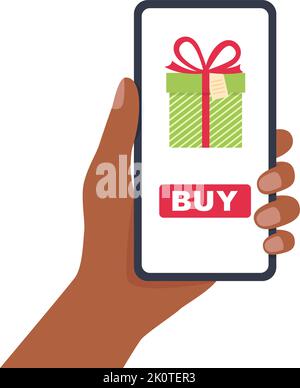 Hand halten des Telefons. Smartphone-Bildschirm mit Seite kaufen Geschenk, Vektor-Illustration Stock Vektor