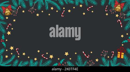 Dunkler Weihnachtshintergrund, Weihnachtsbaum mit Dekorationen, Spielzeug und Geschenken, weißer Hintergrund unter dem Text - Vektor-Illustration Stock Vektor