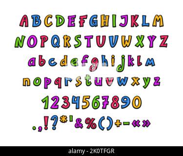 Bunte Cartoon Alphabet Buchstaben und Zahlen auf weißem Hintergrund isoliert. Lustige Schriftart für Kinder Bildung, Kreativität, Produktlogo, Verpackungsdesign. Stock Vektor