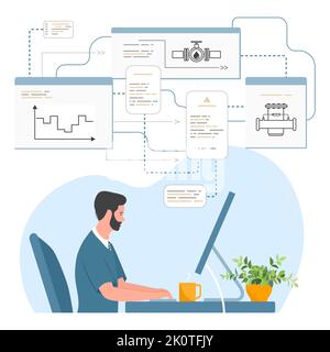 Vektor-Illustration Mann arbeitet am Computer. Globaler Logistikservice. Transport von Öl, Gas. Lieferung, Frachttransport. Frachtbestellungen Stock Vektor