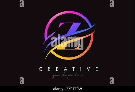 Buchstabe Z-Logo mit kreativer Lila-Orange-Farben und Kreis-Swoosh-Cut-Design-Vektor. Farbenfrohe Serif-Buchstaben Z kreisförmiges Design-Symbol Illustration. Stock Vektor