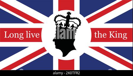 London, Großbritannien - September 2022: Seitenprofil-Silhouette von König Charles III vor einem Hintergrund von Union Jack Stock Vektor