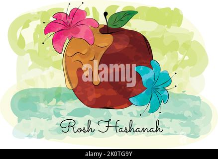 Gefärbter Apfel mit Blumen und Honig Rosh Hashanah Vector Stock Vektor