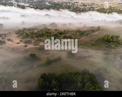 Bilder vom Drohnenflug über den Nebel. Fluss, Wald, Felder und Wiesen in nebliger Sommerdämmerung. Stockfoto