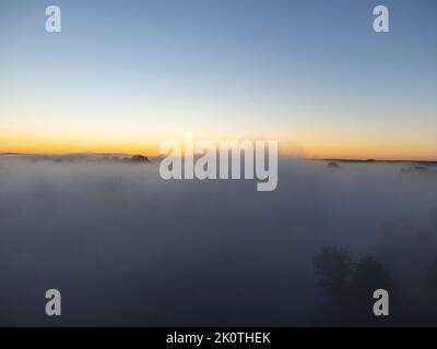 Bilder vom Drohnenflug über den Nebel. Fluss, Wald, Felder und Wiesen in nebliger Sommerdämmerung. Stockfoto