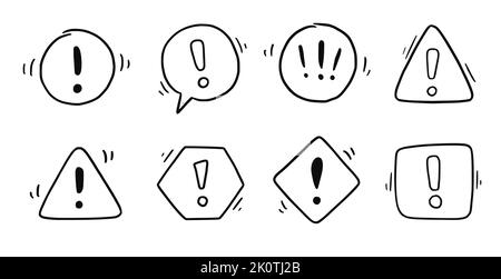Handgezeichnetes Ausrufezeichen, Warnzeichen gesetzt. Scribble Doodle Ausrufezeichen, Warnung, Gefahrenzeichen. Handgezeichnetes Warnschild der Skizze. Vektorgrafik. Stock Vektor