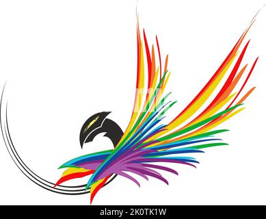 Regenbogen Vogel Logo Konzept isoliert auf einem weißen Hintergrund. Wirbeltes Adler-Logo für Stoff, Schildembleme, Drucke auf T-Shirts, Textilien, Innenausstattung Stockfoto