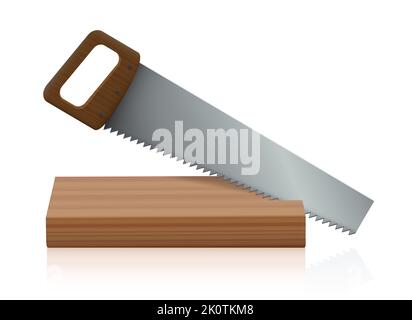 Handsäge, Sägen eines Holzbretts. Ripsaw mit Holzgriff, Metallsägeblatt und spitzen scharfen Sägezähnen - Abbildung auf weißem Hintergrund. Stockfoto