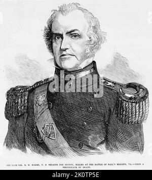 Porträt des verstorbenen Colonel Edward Dickinson Baker, US-Senator für Oregon, der bei der Schlacht von Ball's Heights, Virginia, am 21.. Oktober 1861 getötet wurde. Schlacht von Ball's Bluff. Illustration des amerikanischen Bürgerkriegs des 19.. Jahrhunderts aus Frank Leslie's Illustrated Newspaper Stockfoto